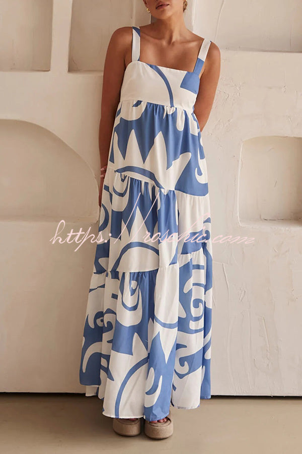 Style Geometric Print Back Smocked Loose Maxi Dress