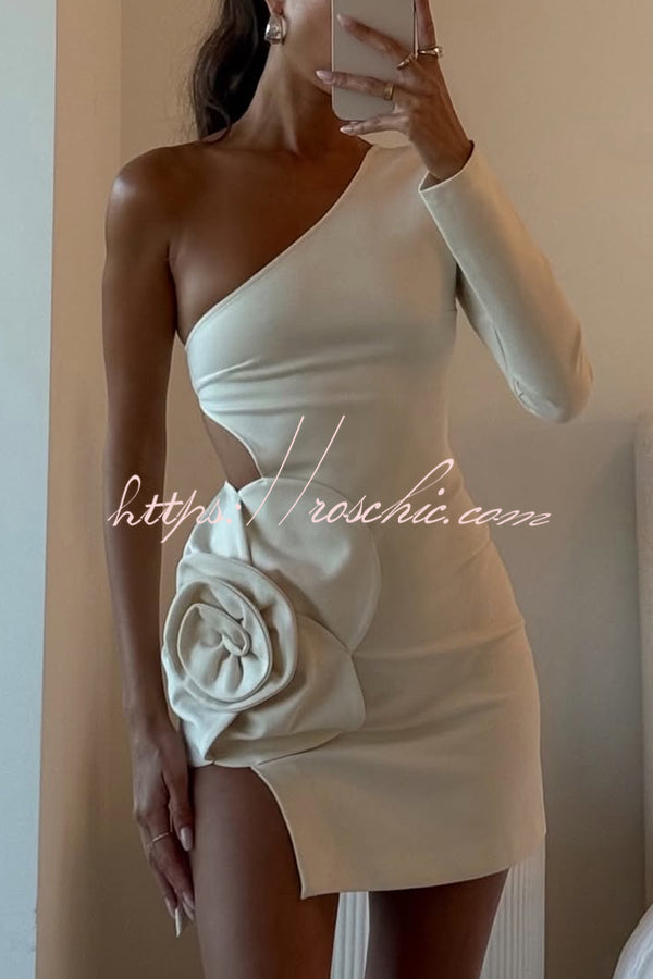 Ella 3d Flower Details Cutout Waist One Shoulder Stretch Mini Dress