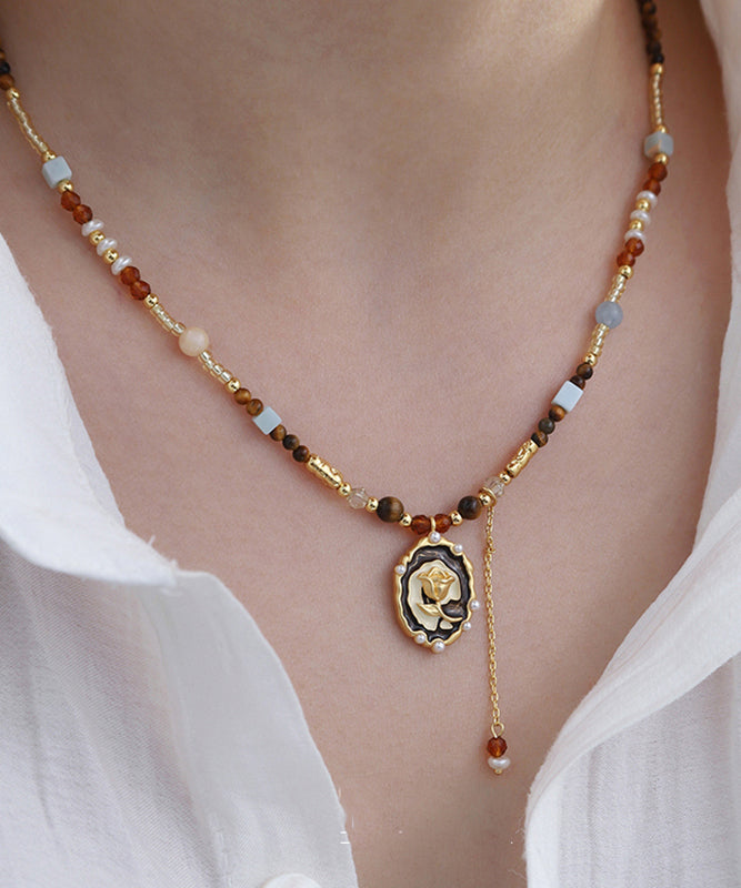 Stylish Gold Copper Alloy Tiger's Eye Stone Pearl Pendant Necklace
