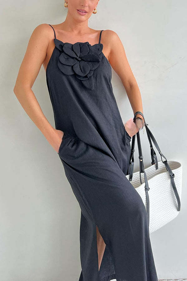 Vacay Ready Linen Blend Embellishment Pocketed Slit Maxi Dress