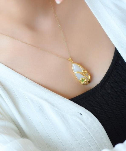 Gold Sterling Silver Overgild Inlaid Jade Lotus Water Dro Pendant Necklace