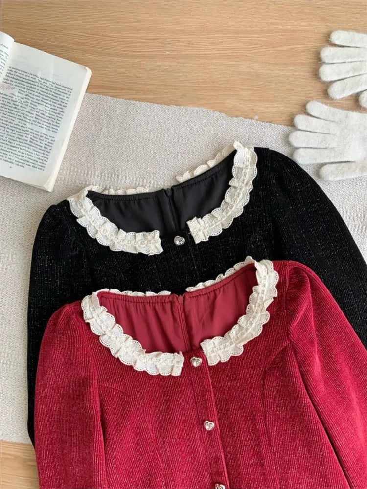 French Mini Dress Square Collar Long Sleeves Layered Ruffles Patchwork A-line Autumn Spring Y2k Vestidos
