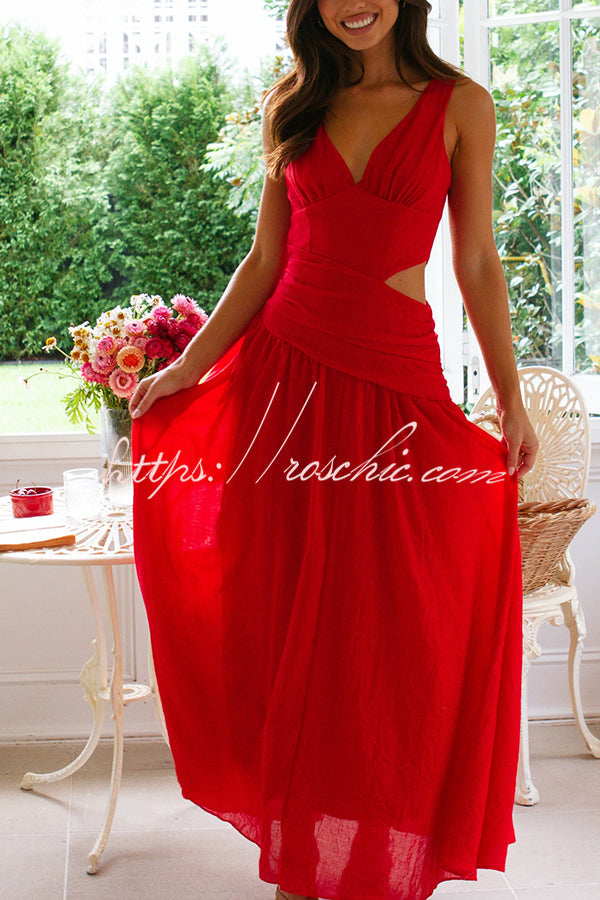 Color V-neck Waist Hollow Slim Maxi Dress