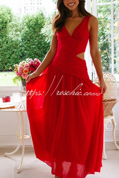 Color V-neck Waist Hollow Slim Maxi Dress