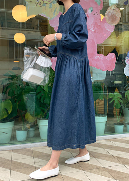 Denim Blue O-neck Wrinkled Patchwork Long Dress Spring Tt1049