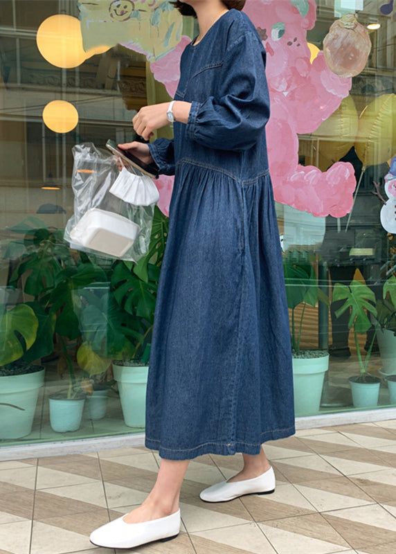 Denim Blue O-neck Wrinkled Patchwork Long Dress Spring Tt1049