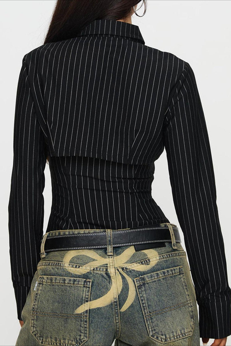 Striped Collared Buttoned Hollow Long Sleeve Blouse