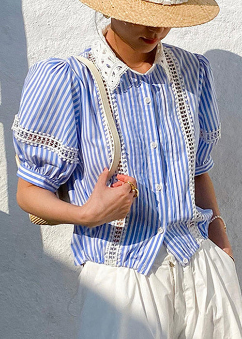 Out Blue Striped Cotton Summer Hollow Blouses