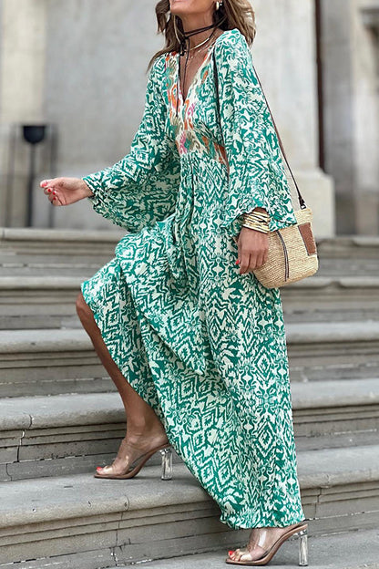 Ledell Green Totem Print V-neck Maxi Dress