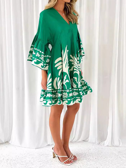 A-line Flared Sleeves Flower Print Pleated Split-joint V-neck Mini Dresses