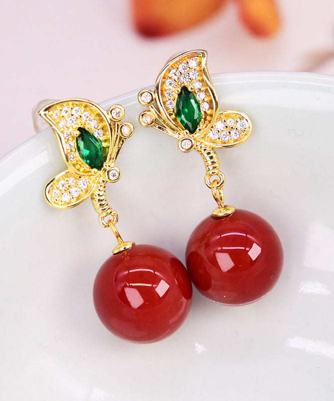 Diy Red Sterling Silver Overgild Agate Butterfly Drop Earrings