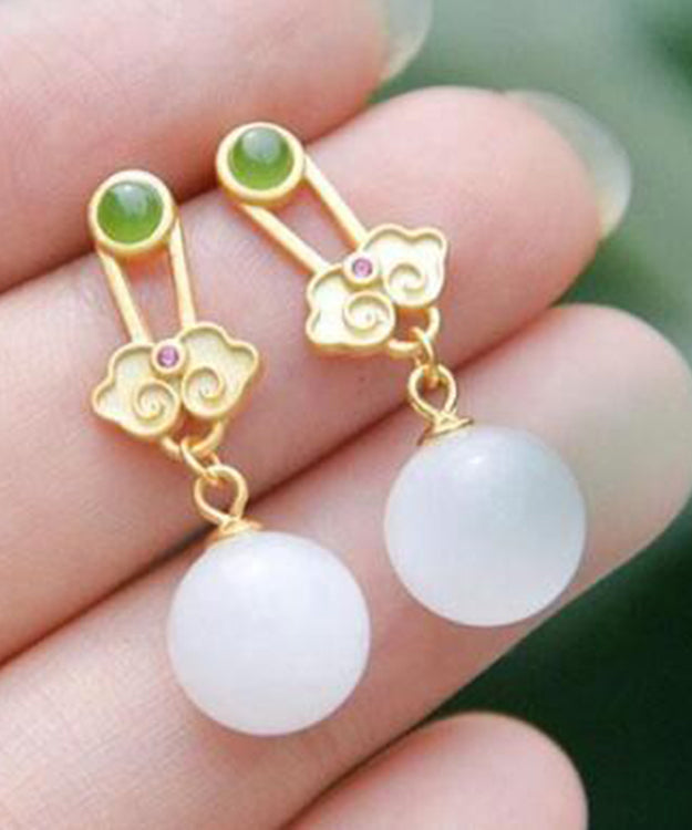 White Sterling Silver Jade Ruyi Drop Earrings
