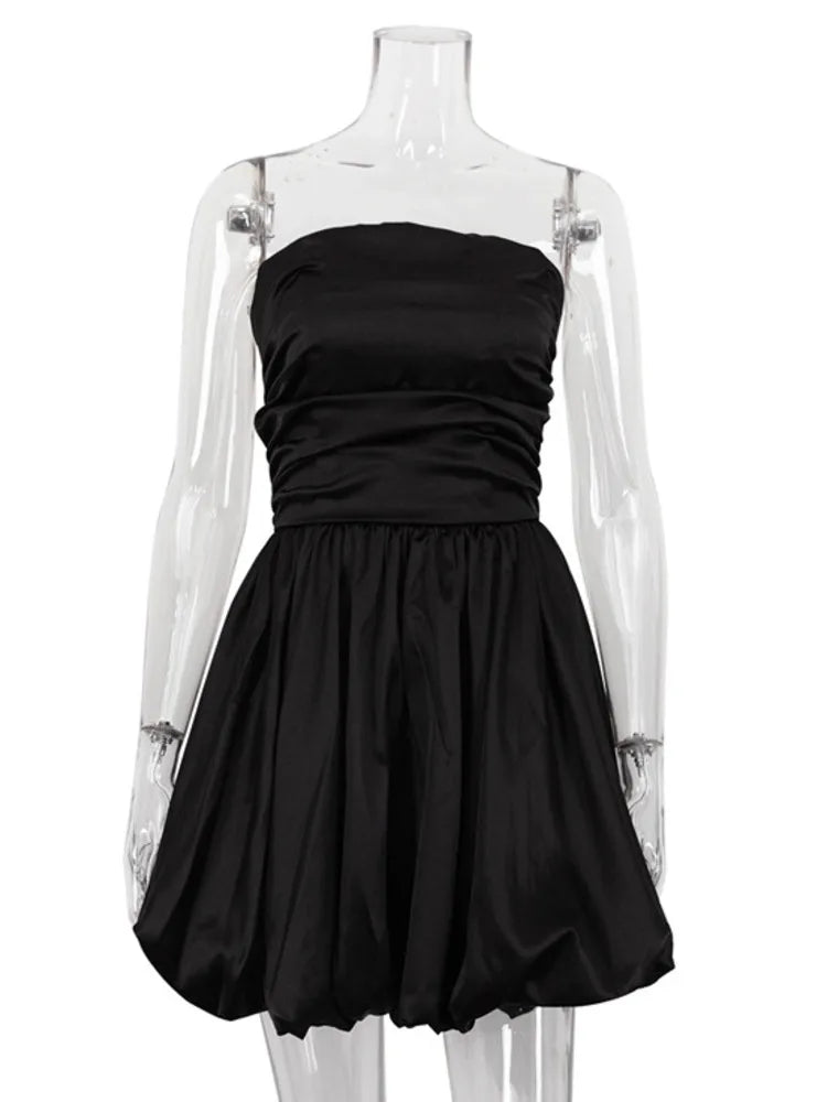 Satin Strapless Pleated Mini Dress for Robe Off-shoulder Backless Sleeveless A-line Bodycon Dress