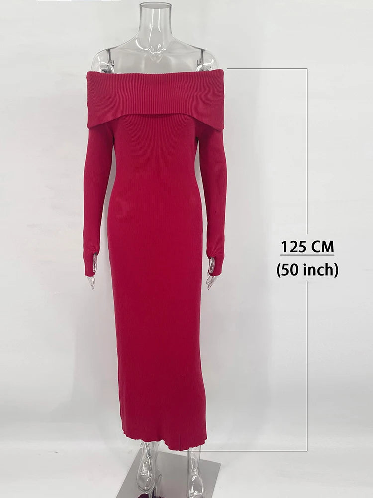 Knit Long Dress Off-shoulder Female Ribbed Loose High Waist Autumn Party Dress Knitwear Maxi Dress