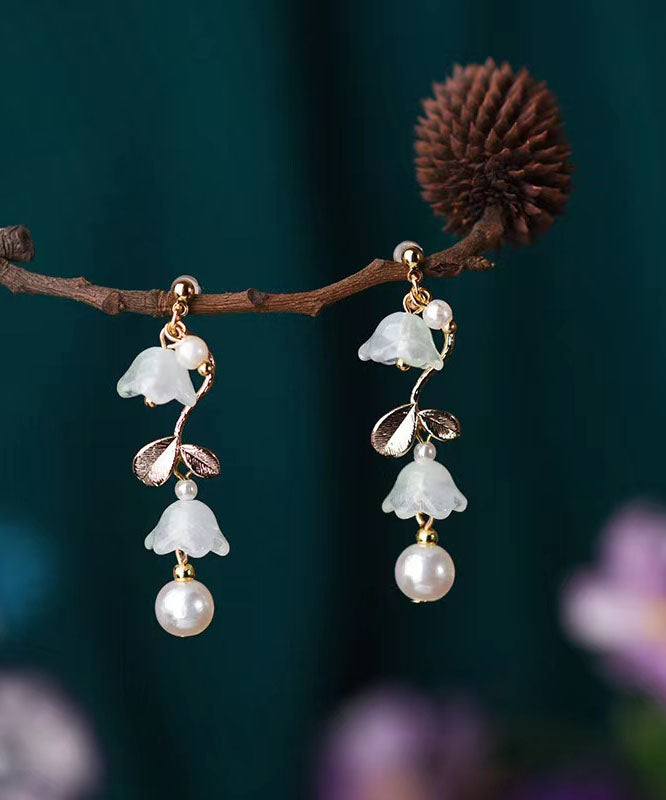 Cyan Alloy Pearl Tassel Bell Orchid Drop Earrings