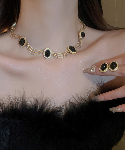 Black Alloy Gem Stone Drop Earrings and Princess Necklace Two-piece Set