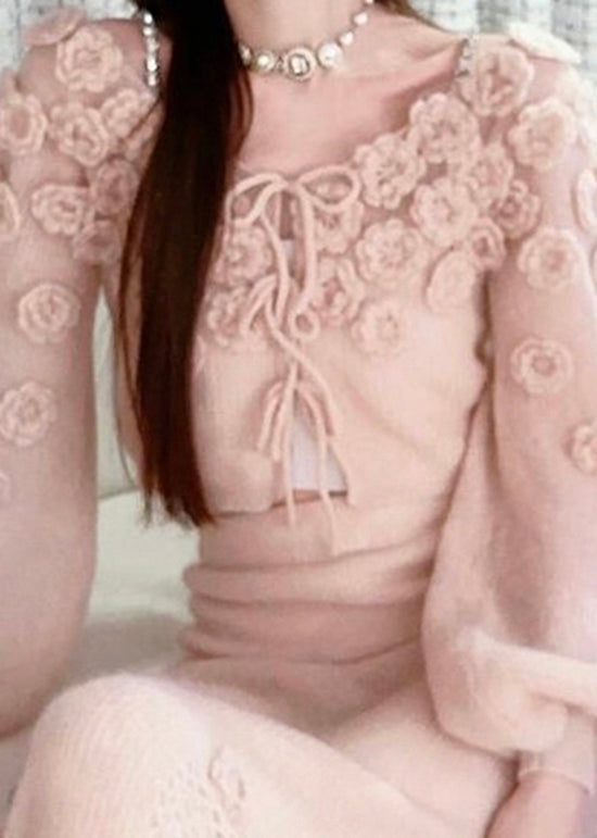 Pink Lace Up Knit Sweaters Fall Ry014