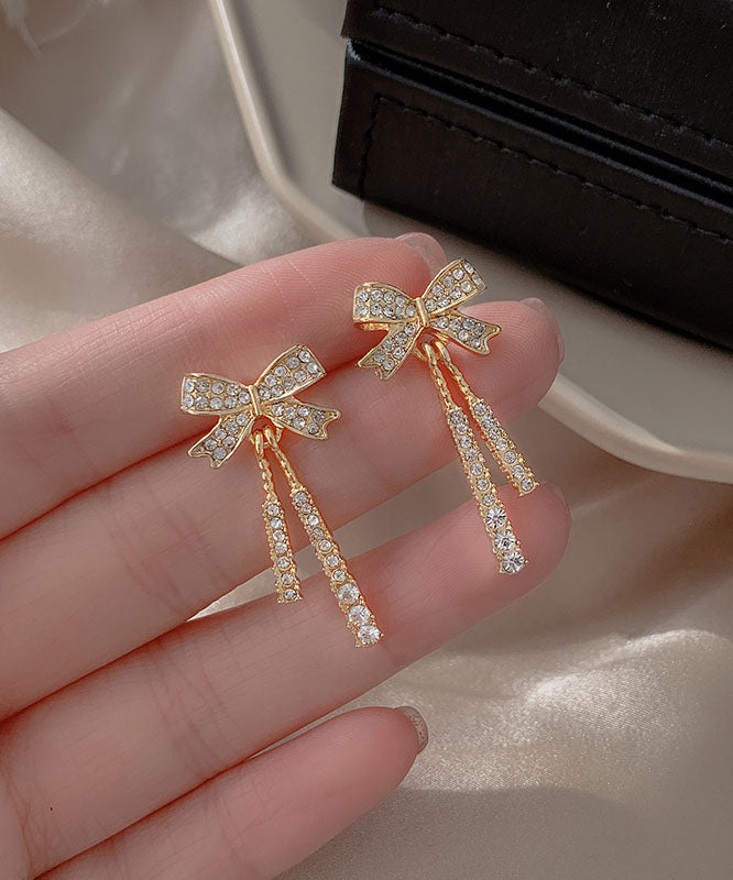 Gold Sterling Silver Alloy Zircon Bow Tassel Drop Earrings