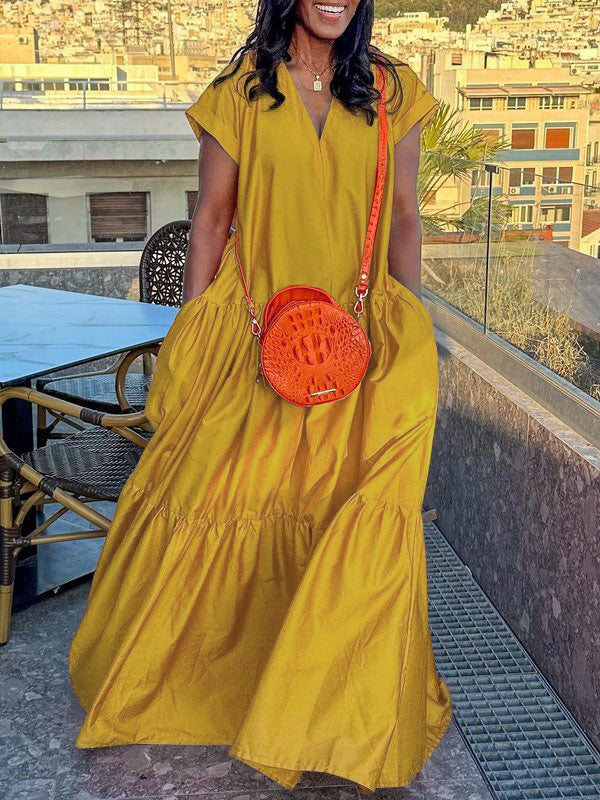 Loose Short Sleeves Pleated Pockets Color Split-joint V-neck Maxi Dresses