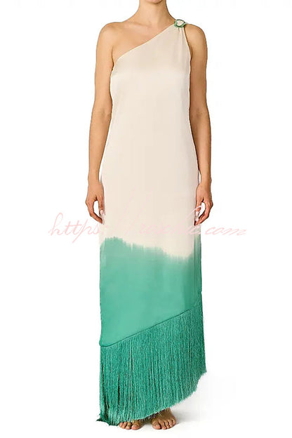 Vibrant Ombré Print Ruched One Shoulder Tassle Trim Vacation Maxi Dress