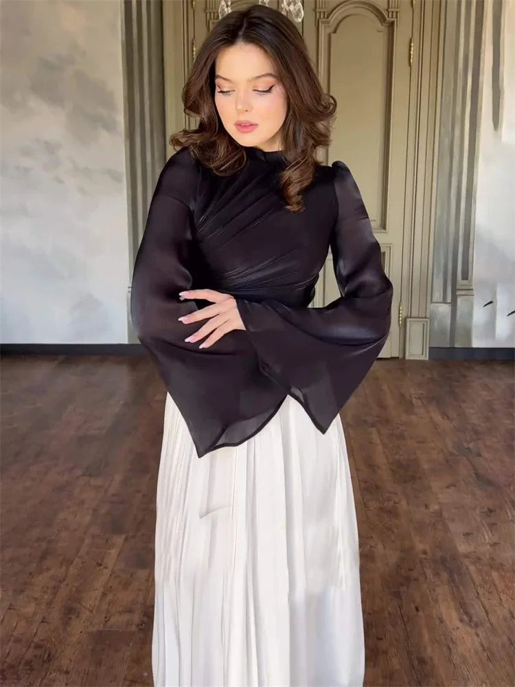 Pleated Dress Mesh Patchwork Bandage Tiered Slim High Street See-through Contrast Autumn New Maxi Dress