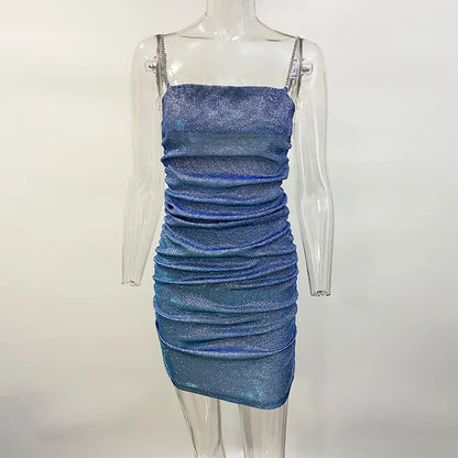 Sparkly Party Dress Rhinestone Straps Pleated Bodycon Mini Dresses Sleeveless Evening Vestidos