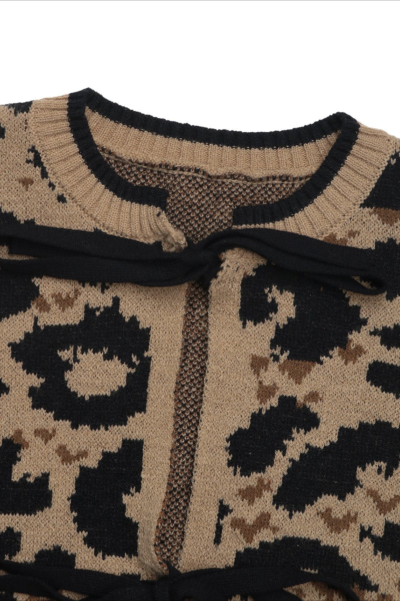 Knitted Leopard Ribbon Tie Cardigan