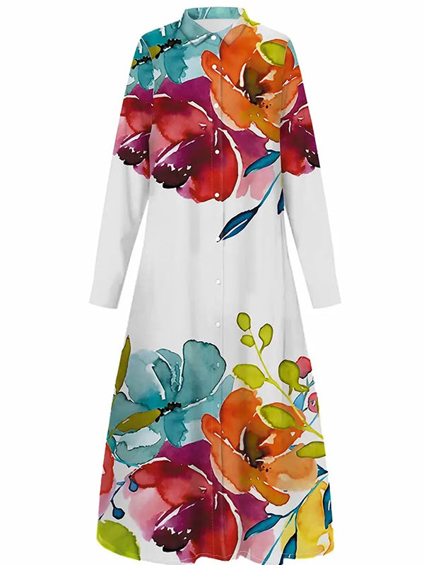 Long Sleeves Loose Buttoned Flower Print Lapel Maxi Dresses Shirt Dress