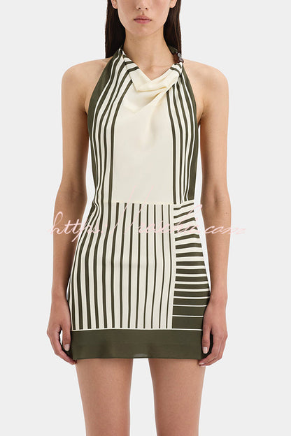Summer Event⁠ Striped Beads Cowl Neck Backless Tie-up Mini Dress