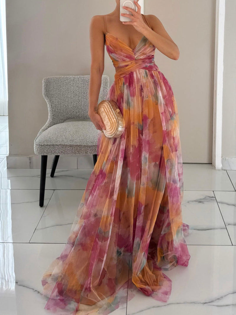 Painted Print V-neck A-line Maxi Dress