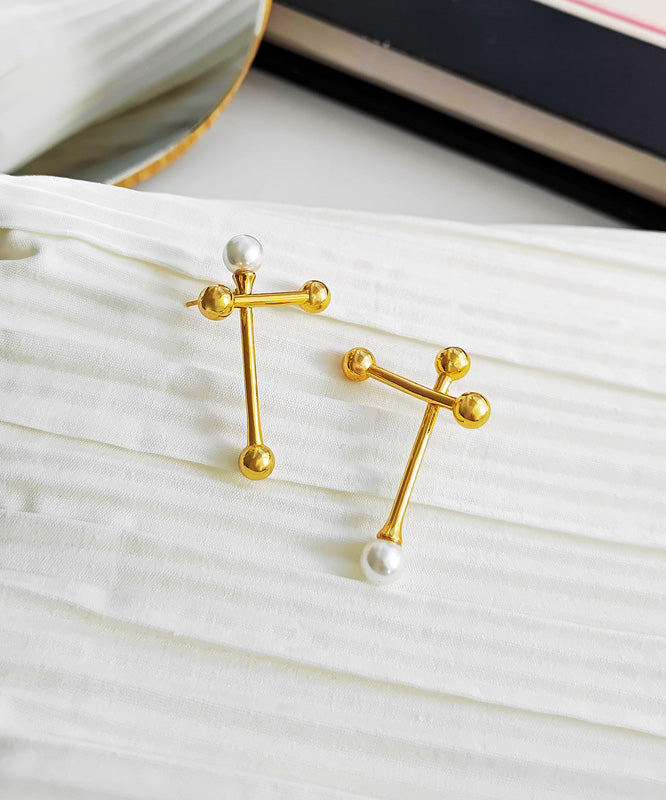 Gold Copper Overgild Asymmtricar Cross Glass Pearl Stud Earrings