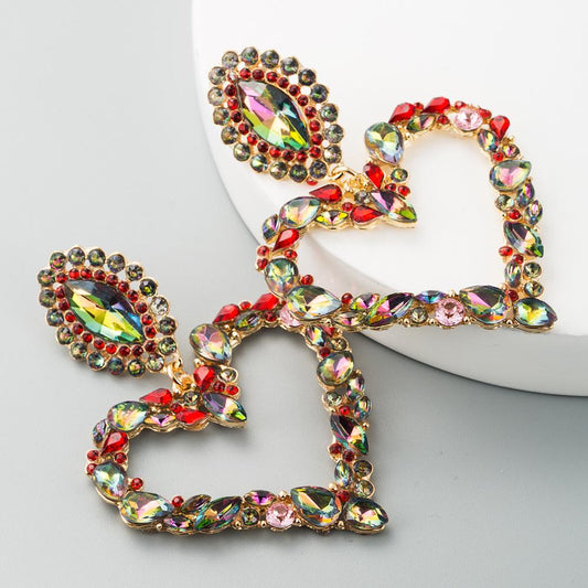 Heart-shaped Alloy With Colored Diamonds Retro Temperament Exaggerated Earrings