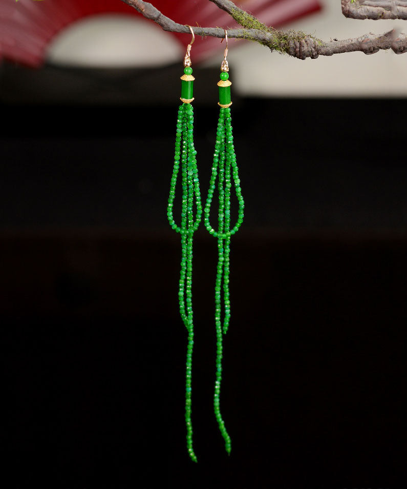 Green Silver Agate Jadeite Dry Green Tassel Drop Earrings