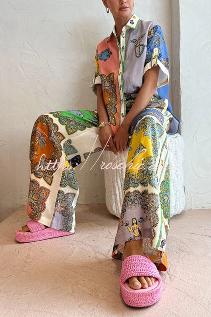 And Posh Linen Blend Mermaid Print Button Down Oversized Blouse