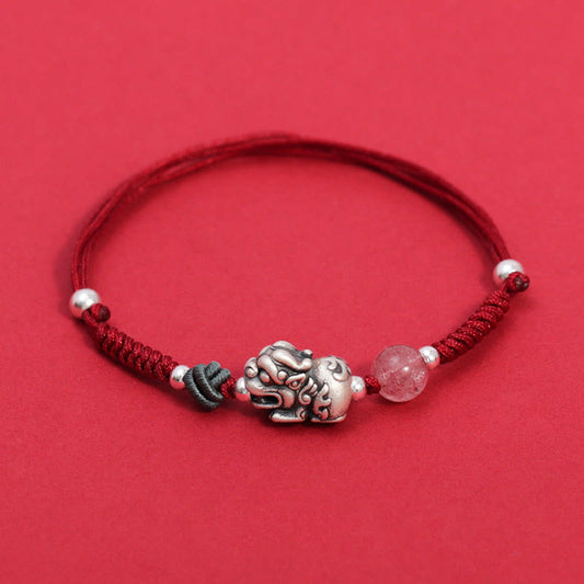 Buddha Stones 999 Sterling Silver Pixiu Strawberry Quartz Bead Wealth Luck Braided Bracelet
