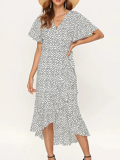 Summer Beach Maxi Dress Print Long Chiffon Dress Ruffles Wrap V-neck Split Party Dress Robe Femme