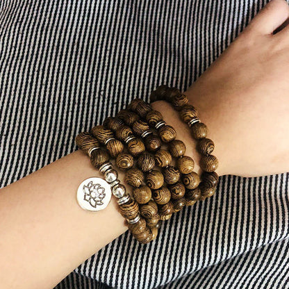 Handmade Lightning Strike Wood Wood Mala Bracelet With Lotus Buddha Symbol