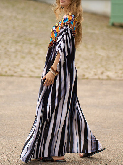 Batwing Sleeves Loose Printed Split-side Striped V-neck Beach Cover-up Maxi Dresses