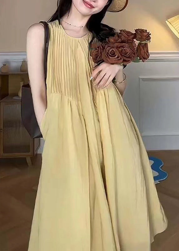 Yellow O Neck Pockets Cotton Long Dress Sleeveless Tt1048