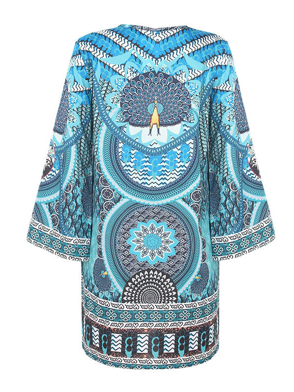 A-line Flared Sleeves Printed Split-joint V-neck Mini Dresses