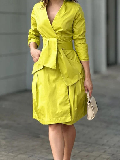 Long Sleeves Color Tied Waist Deep V-neck Mini Dresses