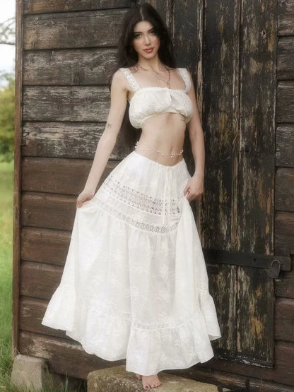‘s 2 Piece Sets Bandage Sleeveless Crop Top See Through Lace Up a Line Maxi Dress Holiday Party Lady Outfits