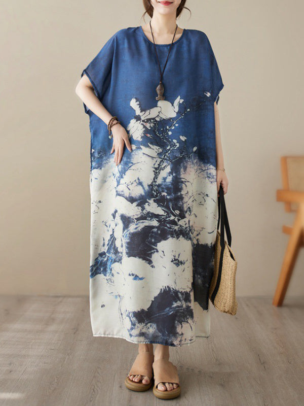 Loose Short Sleeves Printed Round-neck Maxi Dresses
