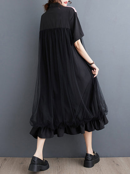 Loose Short Sleeves Falbala Printed Split-joint Lapel Midi Dresses