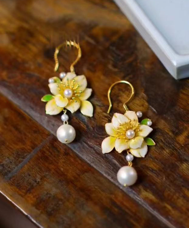 Stylish Yellow Sterling Silver Alloy Pearl Tassel Drop Earrings