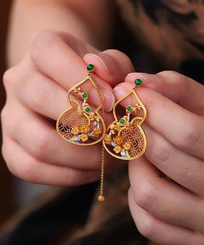 Gold Sterling Silver Overgild Jade Hollowed Out Drop Earrings