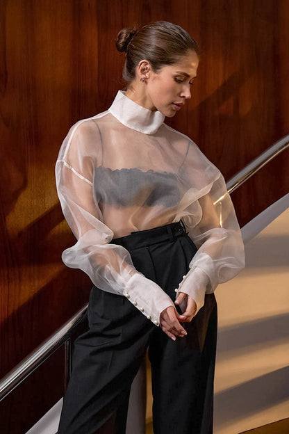 White Mesh Sheer High-neck Long-sleeve Blouse