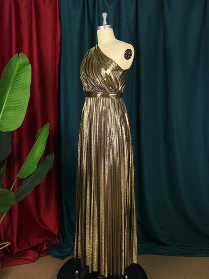 High Waisted Loose Asymmetric Pleated Shiny Color One-shoulder Maxi Dresses
