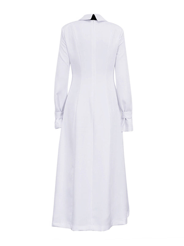A-line Flared Sleeves Buttoned Color Split-joint Split-side Lapel Maxi Dresses Shirt Dress