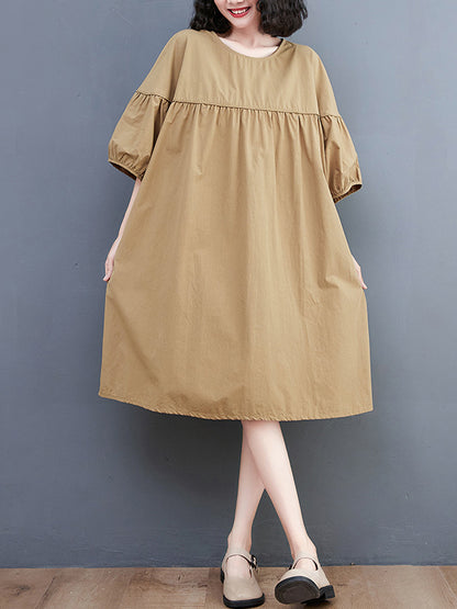 Loose Short Sleeves Color Round-neck Midi Dresses